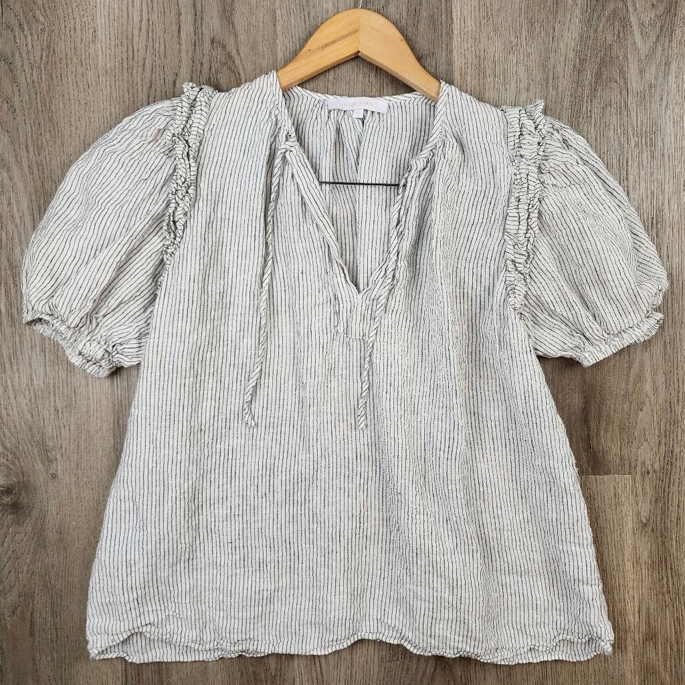 Olivaceous Cream and Black Pinstripe Puff Sleeve Blouse